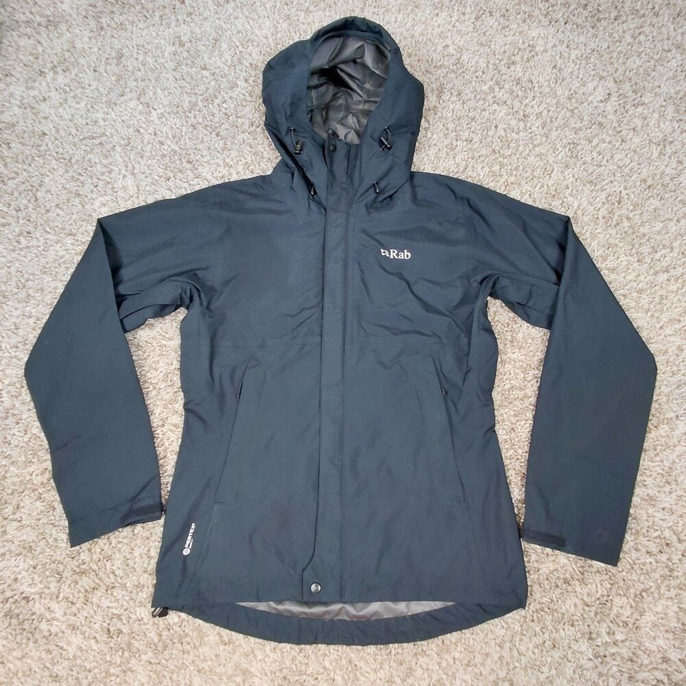 Rab Downpour Eco Jacket Womens Small Black Lightweight Hooded Rain Waterproof